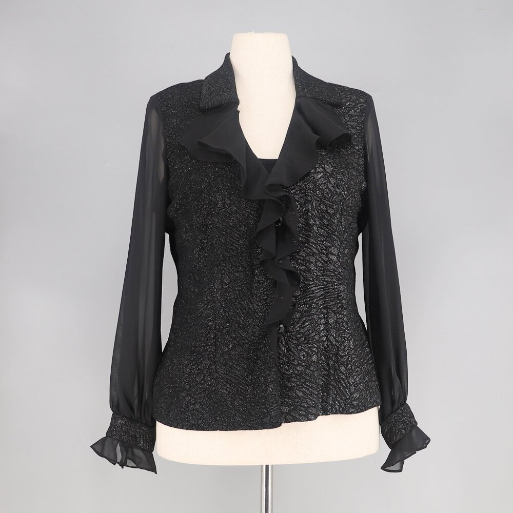 ALEX EVENINGS 2 Piece Textured Sheer Ruffle Front Blouse Top Black Size LP